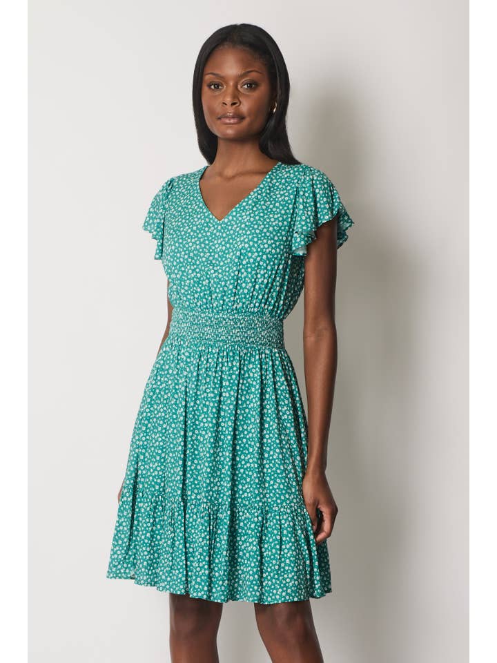 SOLO – Vestido - Mulher por atacado – Vestido Floral com Mangas Flutuantes e Cintura Franzida - Verde1