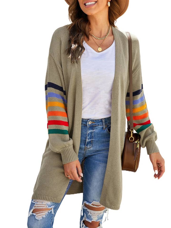 Chicto - Wholesale Cardigan - Women's - Plus Size Cardigan for Women Long Stripe Knit Open Front Sweaters Jacket 2XL