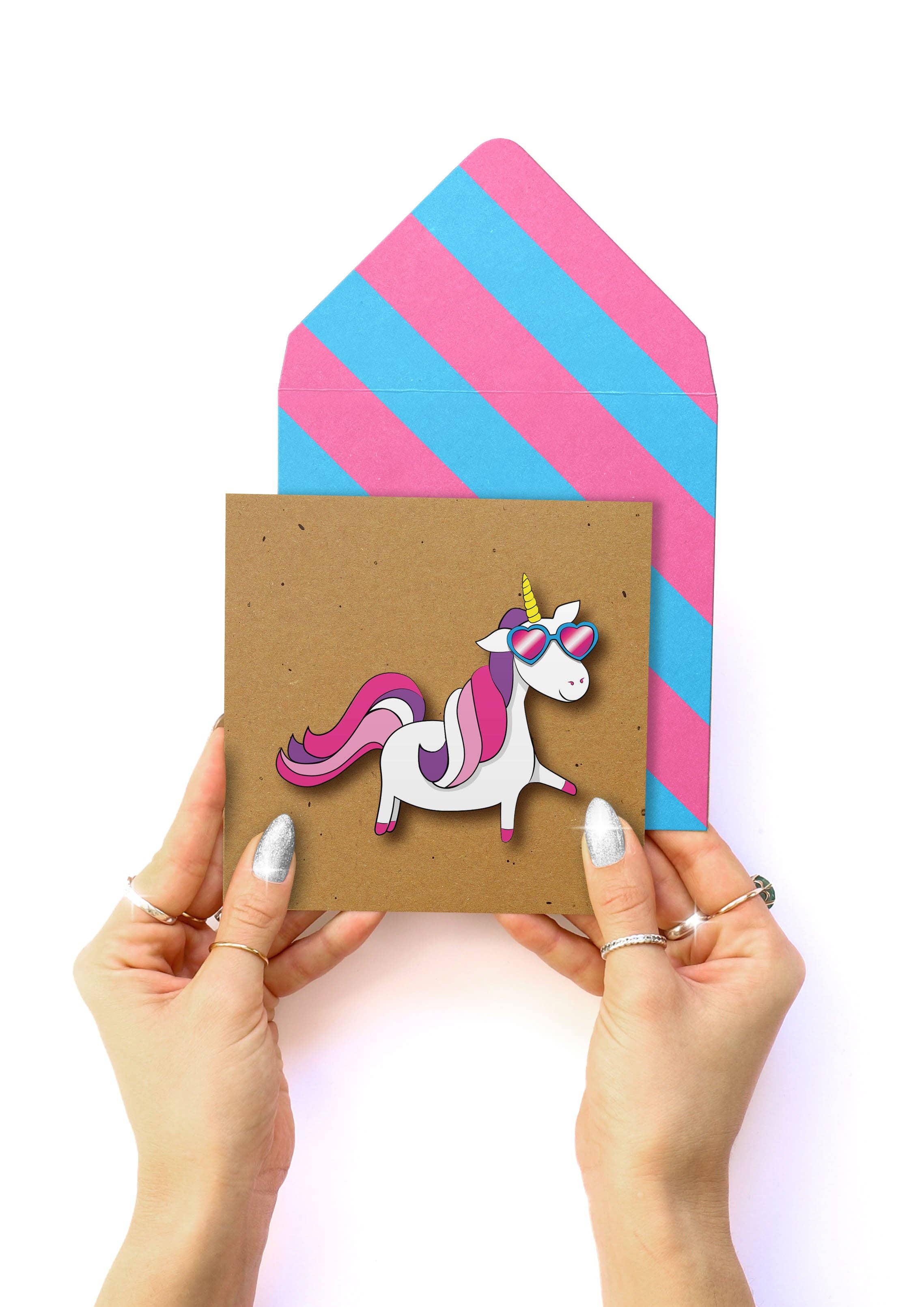 Tache - Vendita all'ingrosso Biglietti di auguri - Unicorno Arcobaleno Rosa, Biglietto d'Auguri Fatto a Mano Vuoto1