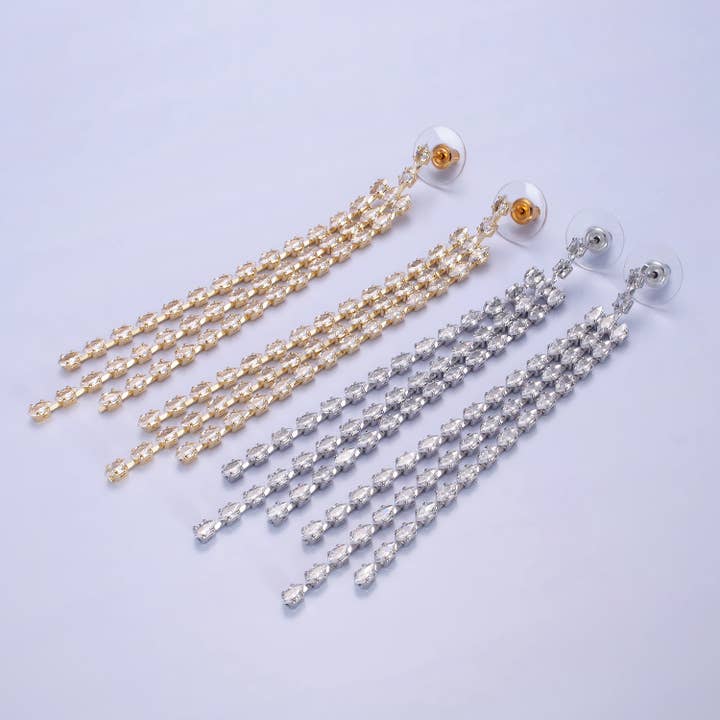 14K Gold Filled Clear CZ Marquise Triple Lined Drop Earrings for wholesale by Aim Eternal