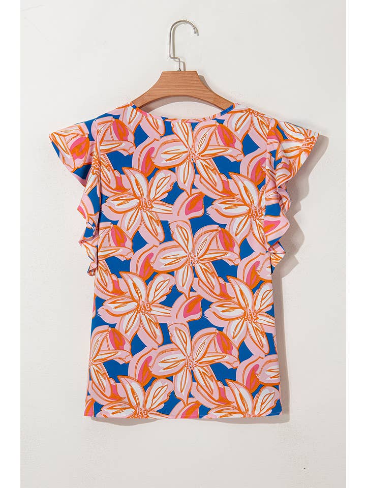 Orange Flower Print Notched Neck Ruffle Sleeve Blouse for wholesale on Faire