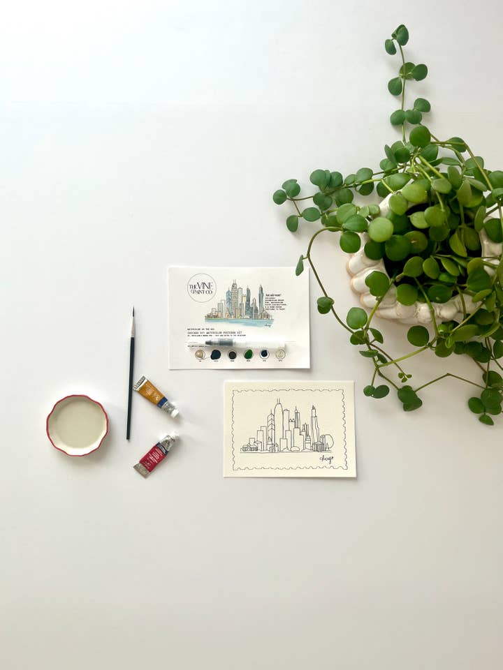 Kit Cartoline Acquerello Fai-da-te - Skyline di Chicago per la vendita all'ingrosso da parte di The Vine Paint Co