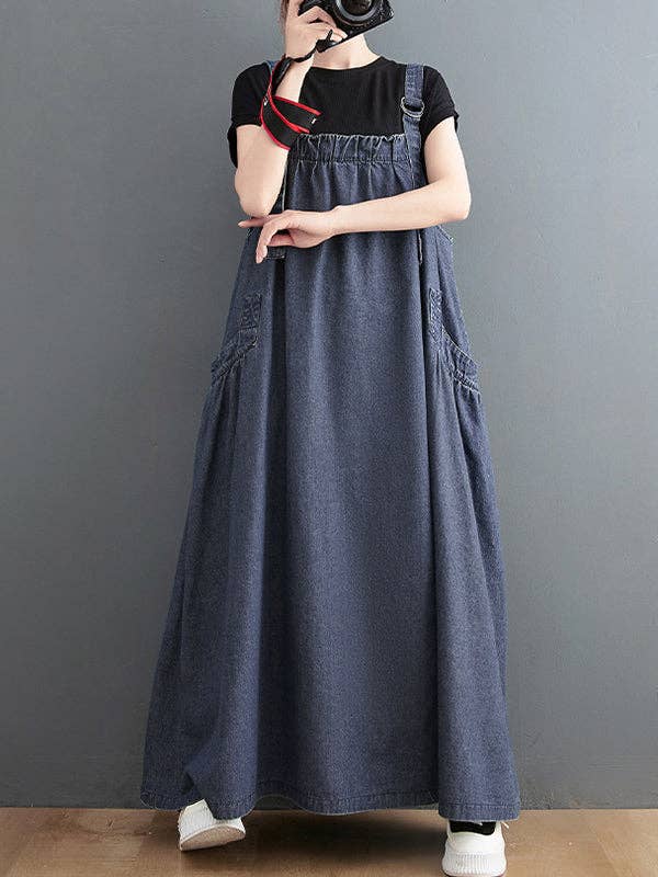 BLUE Vintage Loose Artistic Retro Solid Color Strap Denim Midi Dress for wholesale on Faire
