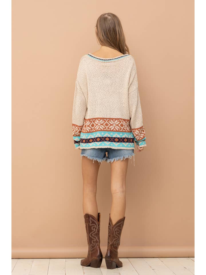 BEIGE 17137W - V-Neck Long SLV Aztec Sweater for wholesale on Faire