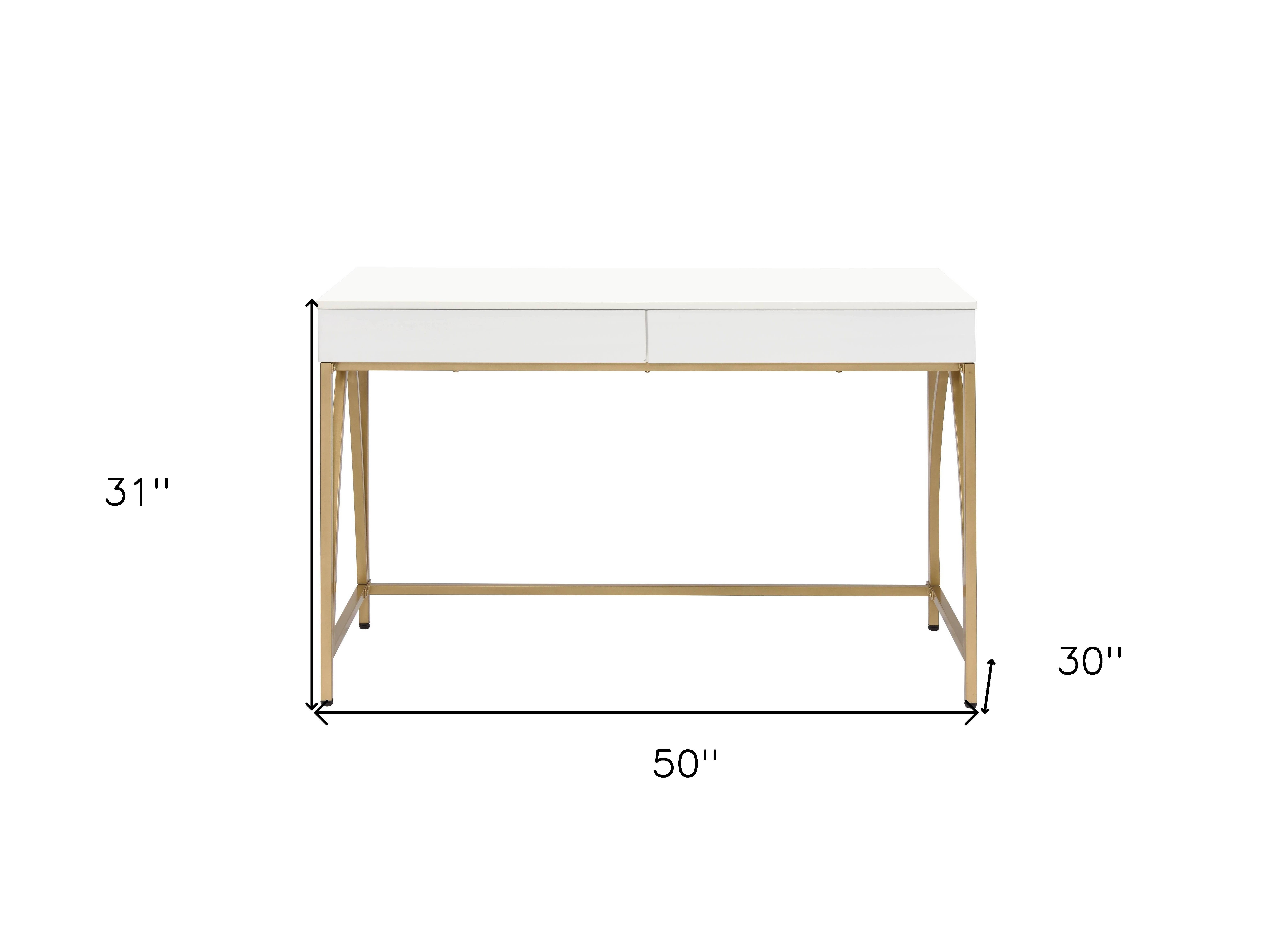 HomeRoots - Wholesale Console Table - 50" White And Gold Wood and Steel Vanity Table With Two Drawers2
