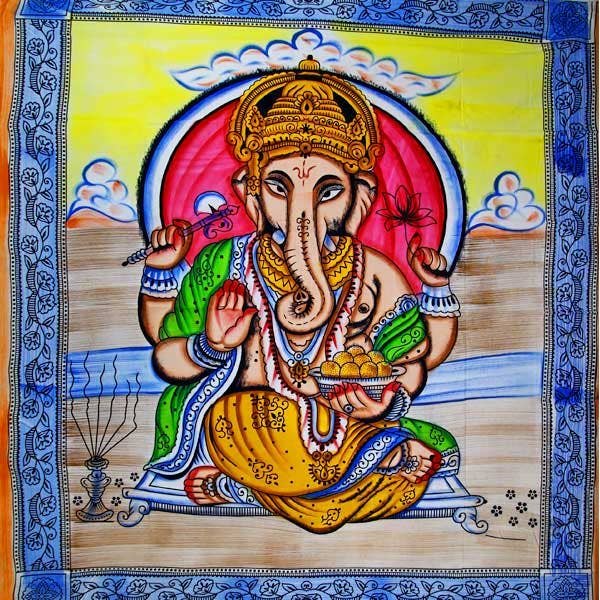 Ganesha Holding Lotusblomst i pasteller med kvaster gobelin med blå kant for engroshandel hos Wild Lotus