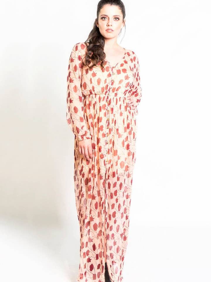 Chiffon Maxi Dress in Blush Berry Poppy Flower for wholesale by Symbology