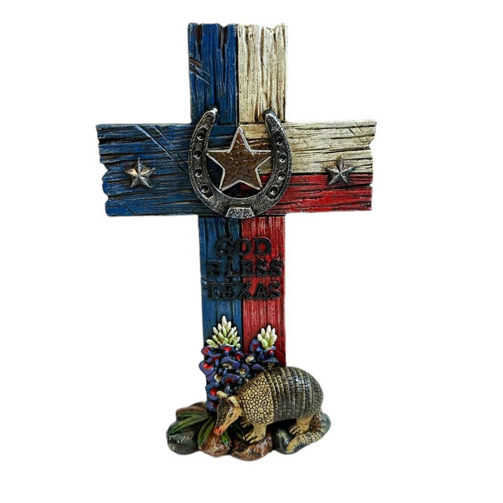 God Bless Texas Armadillo Star Standing Tabletop Cross for wholesale by De Leon Collections