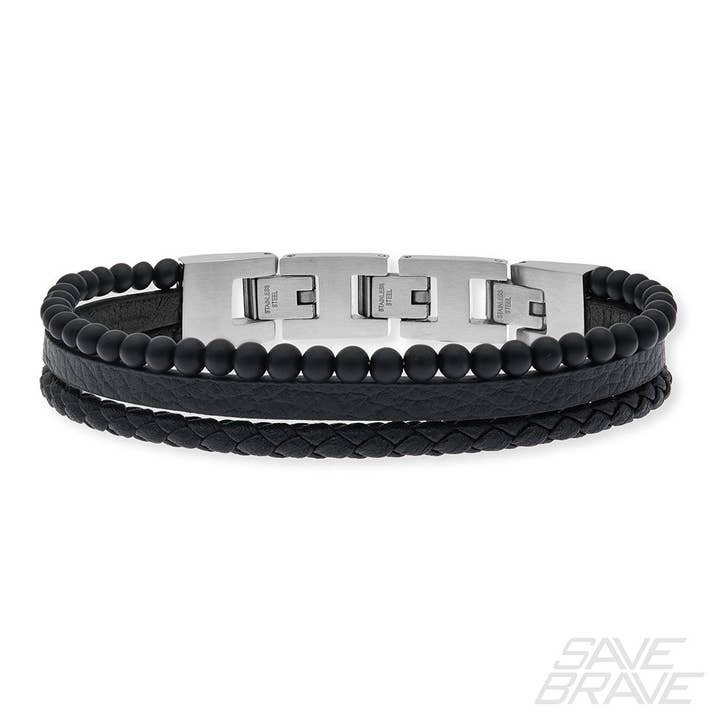Bracciale da uomo Save Brave in acciaio inox, pelle e perle di onice Tyler per la vendita all'ingrosso da parte di Save Brave