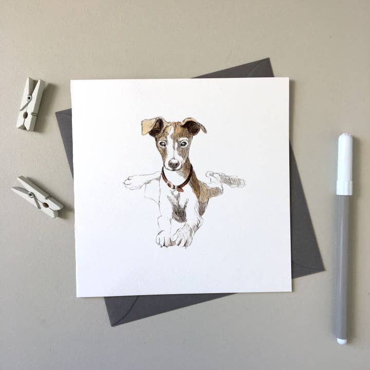 Whippet Paula - Top Dog hand-drawn greeting card for wholesale by SJ. Vickery Designs Ltd.