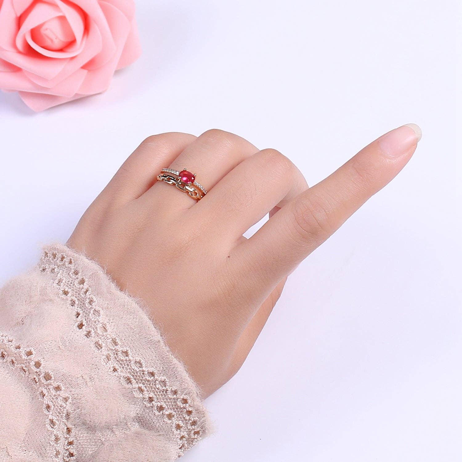 Aim Eternal - Wholesale Multi-Stone Ring - Dainty Double Band ring with Red Cz Stone Micro Pave Gold Ring Open adjustable2