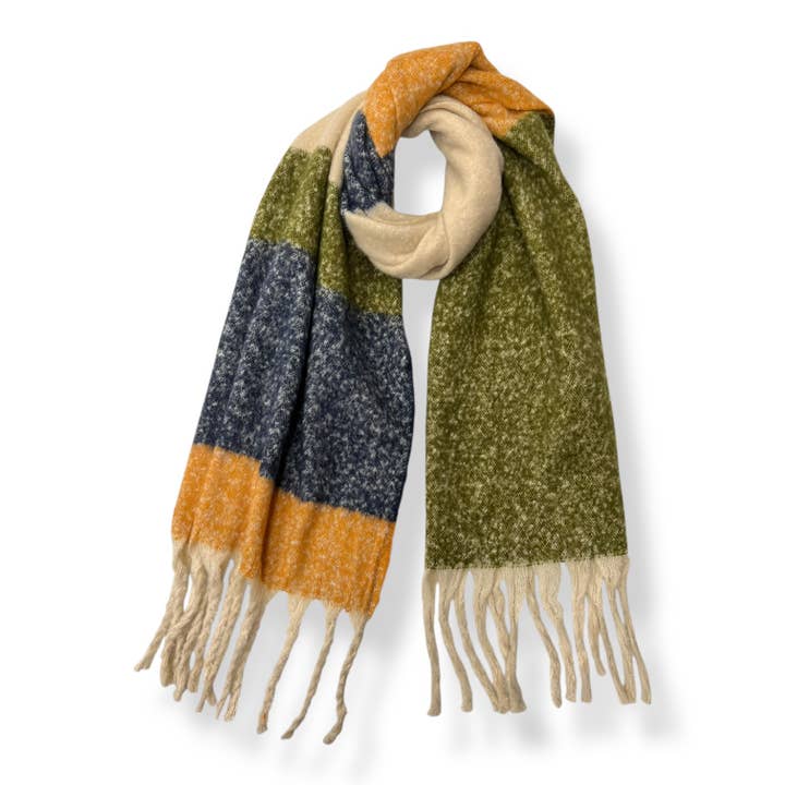 Sciarpa a blocchi soffice e colorata con nappe per la vendita all'ingrosso da parte di London Scarves