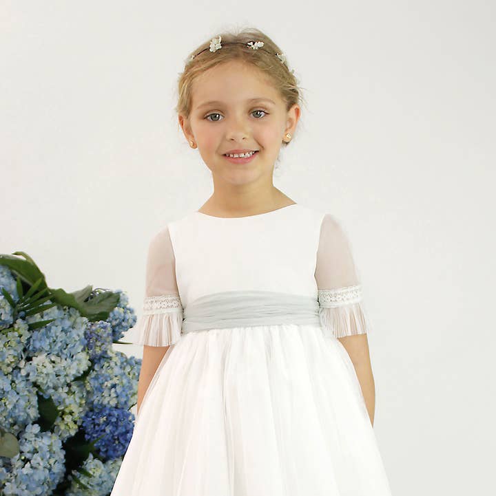 Amaya - Vendita all'ingrosso Vestito - Bambini - Abito da cerimonia per bambina in tulle grezzo con pizzo ricamato verde acqua0