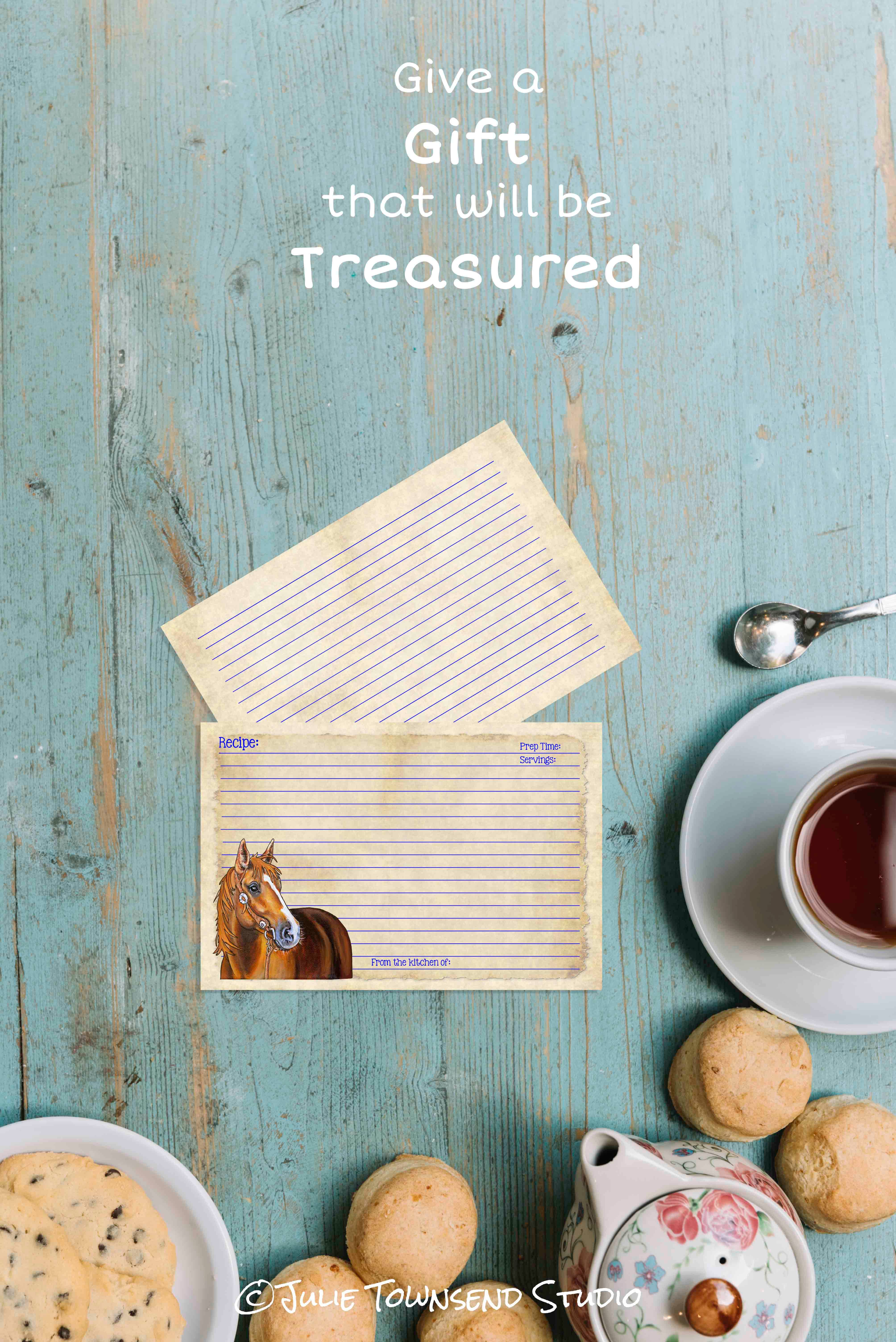 Julie Townsend Studio - Wholesale Recipe Card - Recipe Cards - Set of 12 Cute Horse Recipe Cards - Dusty 1123