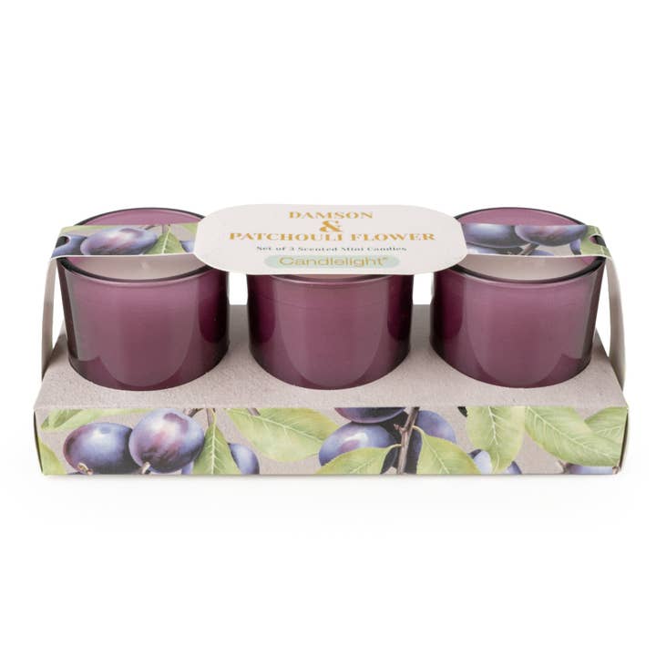 Set of 3 Votive Candles - Damson & Patchouli Flower 6pk for wholesale by Candlelight Products Ltd