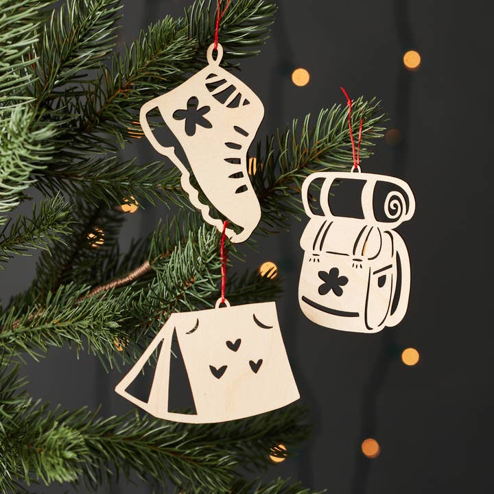 Hiking Boot, Backpack and Tent Camping Ornaments for wholesale by Light + Paper