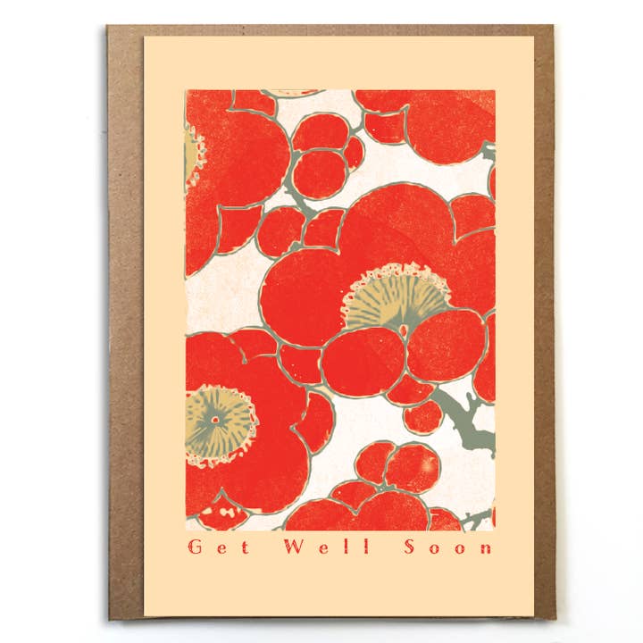 Red Flowers Get Well; Esclusiva carta giapponese con stampa vintage per la vendita all'ingrosso da parte di A Zillion Dollars