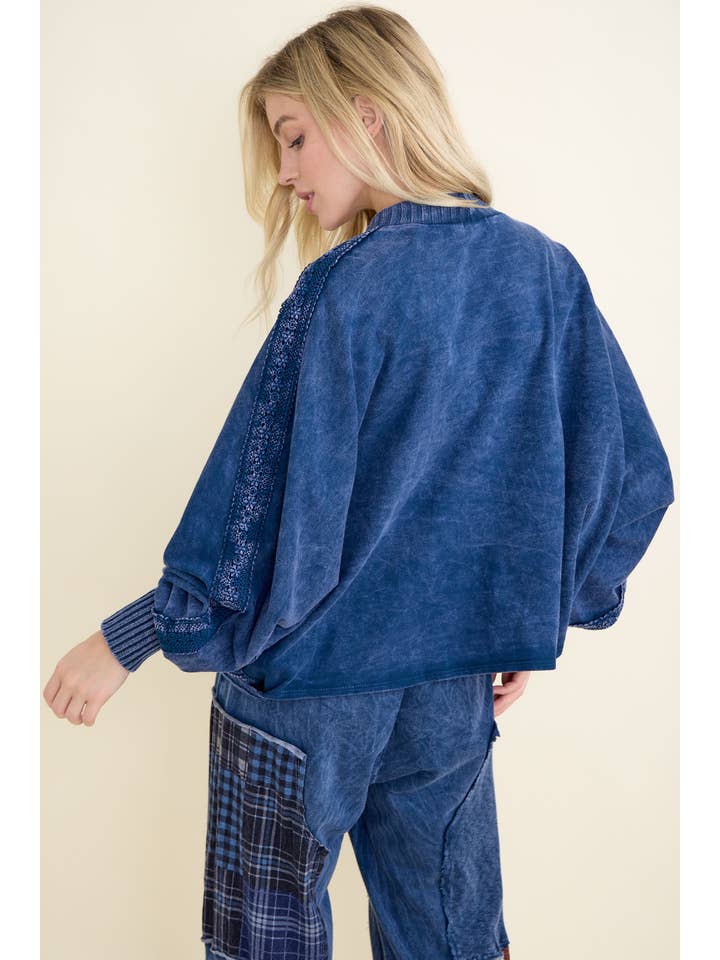 J.Her - Wholesale Cardigan - Women's - MineralWashed Lace trim Batwing Dolman cardigan HT66976