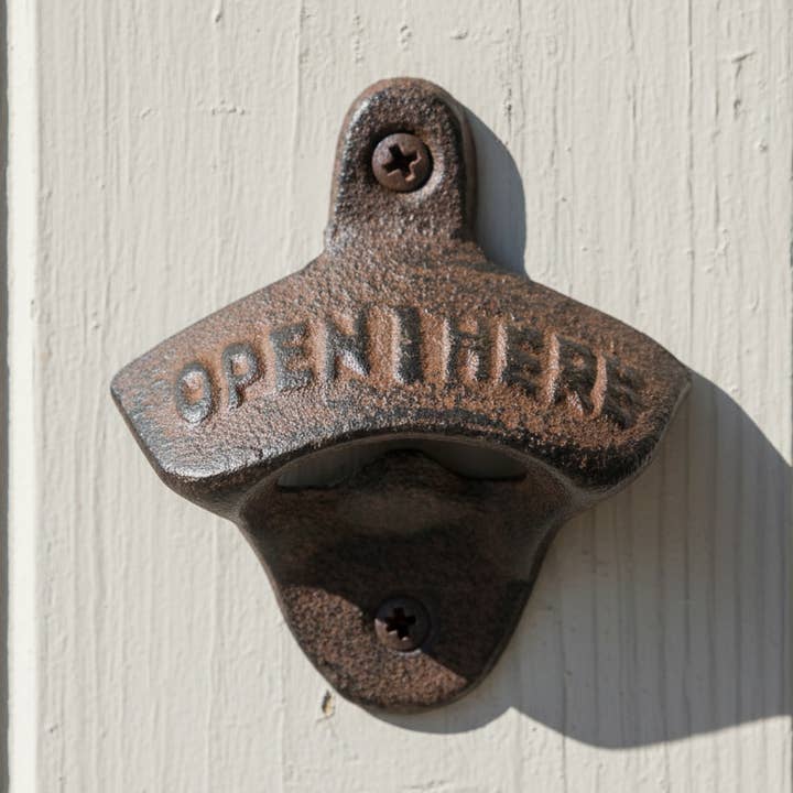 Open Here Cast Iron Bottle Opener - Vintage Rustic Wall-Mounted Bar Accessory for wholesale by Iron & Blossom