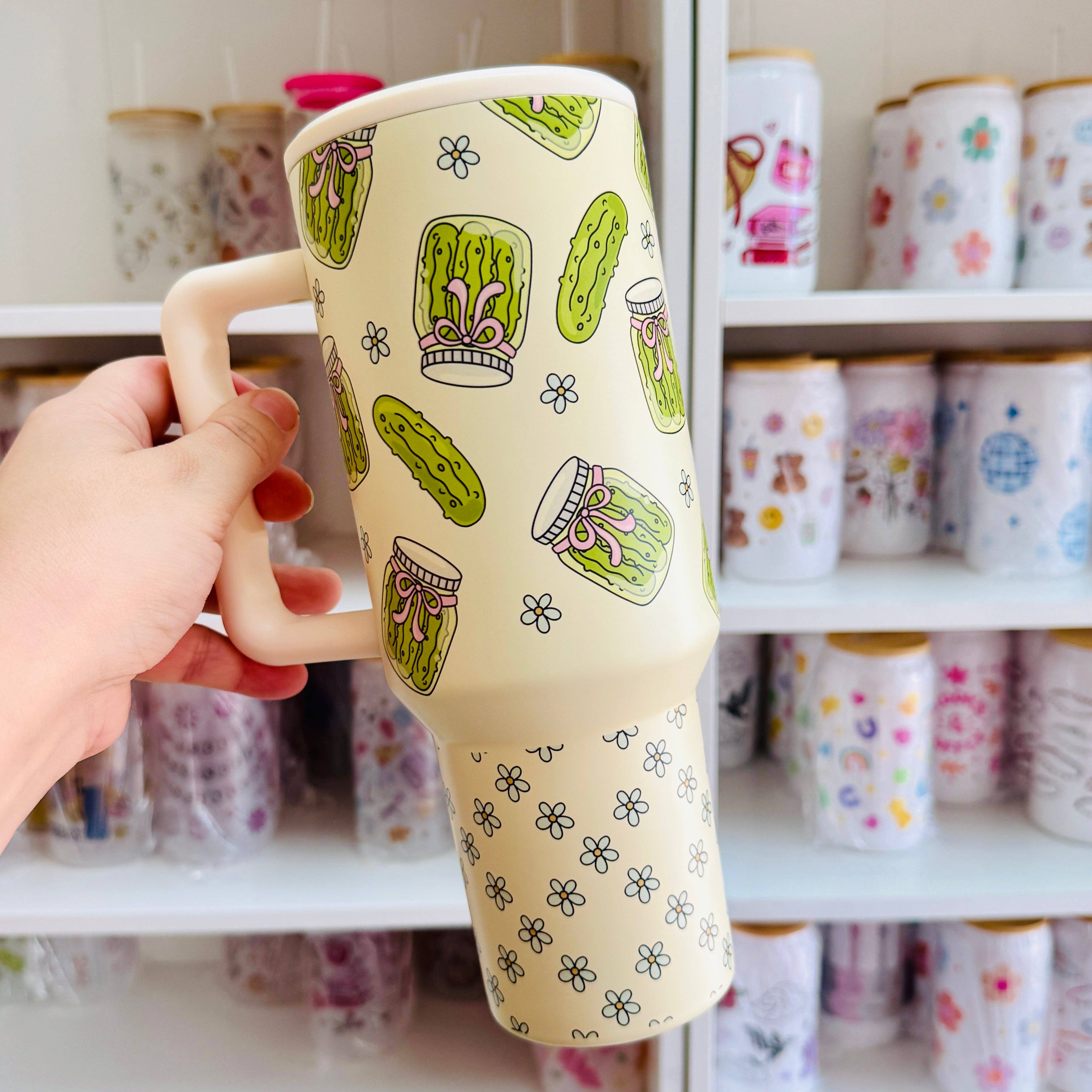 Sonny Rising - Wholesale Insulated Mug/Tumbler - 40oz Tumbler with Lid and Straw, Pickle Girly on Cream1