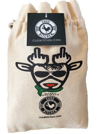 HAPPY HOLIDAYS DEER Funny Canvas Fabric Drawstring Gift Bag for wholesale by Cuss Kitchen