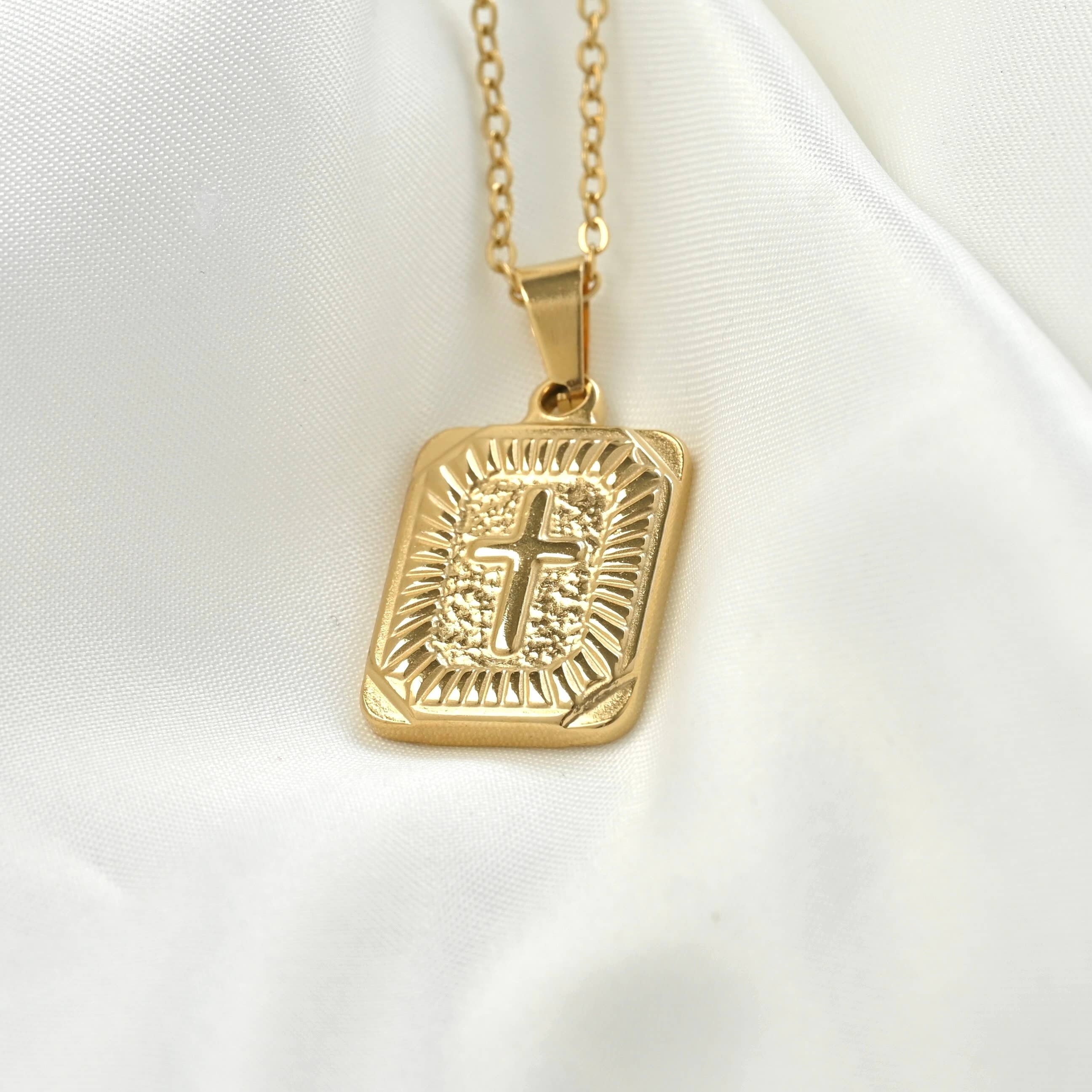 Blueyejewelry - Wholesale Pendant/Charm Necklace - Rectangle Cross Necklace- Tarnish-free Texture Cross Pendant1