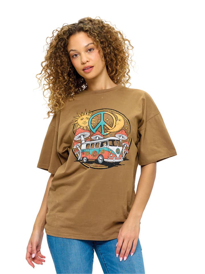 Boho T-Shirt Van Life Mushroom Peace Print for wholesale by Yak & Yeti