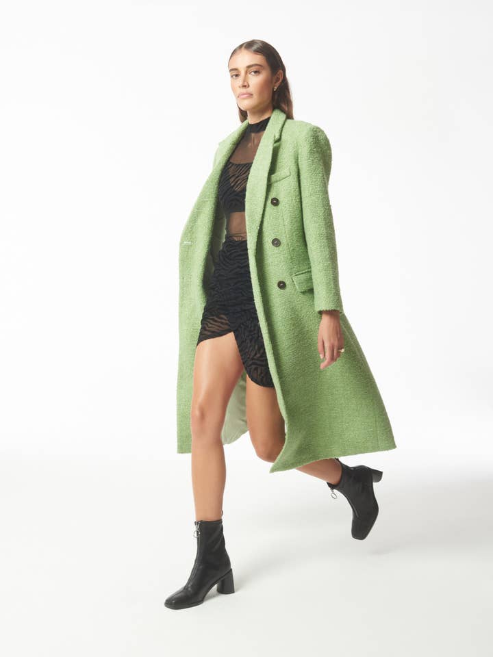 Oversized Metallic Thread Peak-revers Bouclé Tweed Jas in Pistachegroen voor wholesale door SOUR FIGS LONDON
