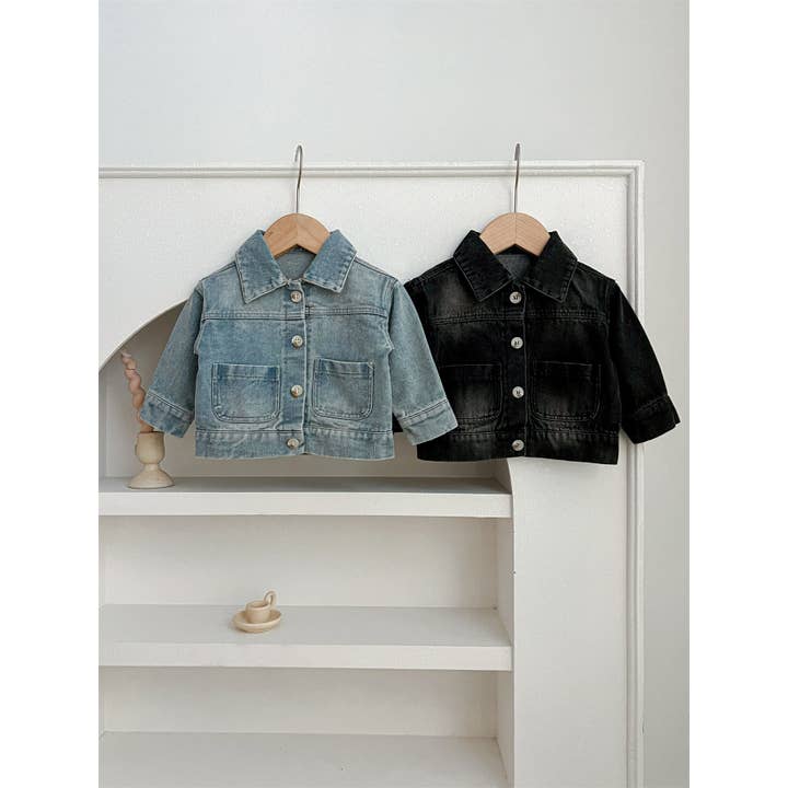 Chaqueta de mezclilla para bebé y niños con botones frontales y cuello doblado estilo lavado para venta al por mayor de MyKids-USA®