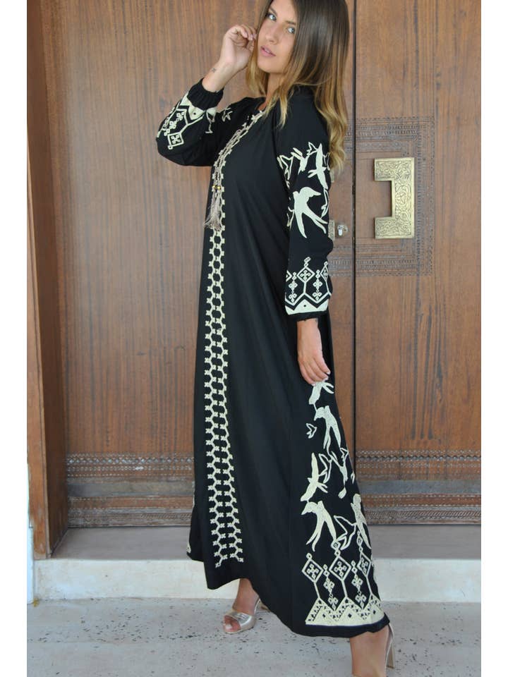 Gipci - Wholesale Kaftan – Women's - Black Flock of Birds Embroidered Caftan, Caftans for Women6