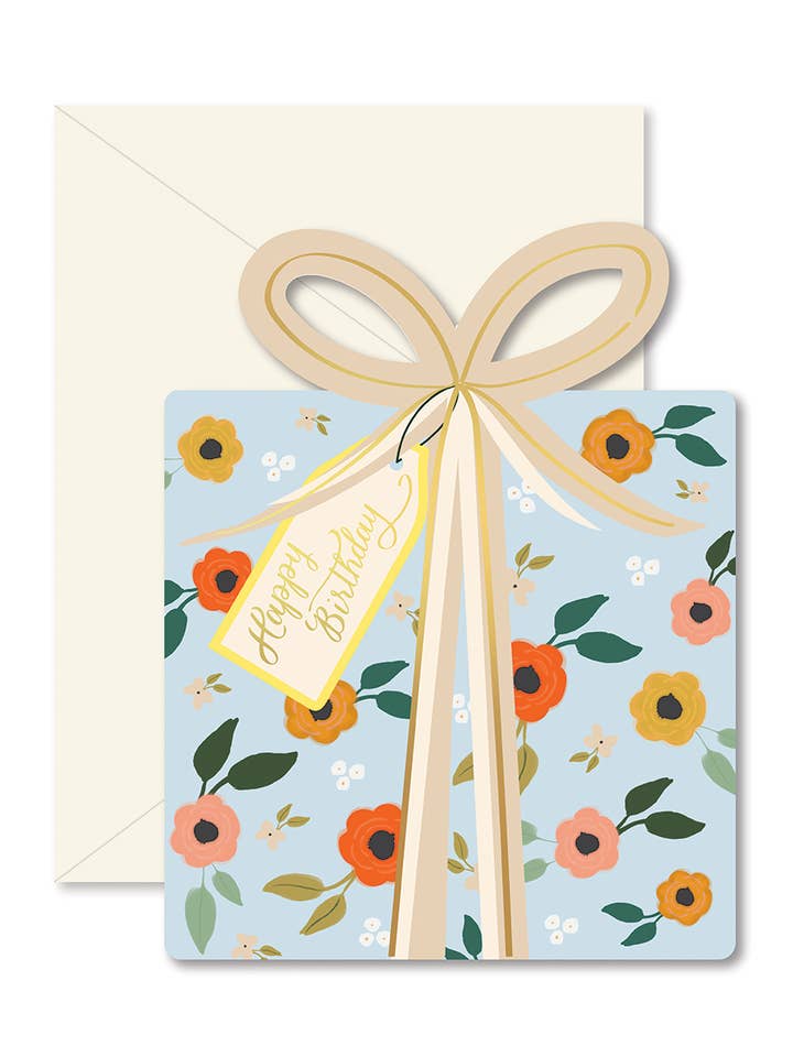 Blue Floral Birthday Gift die-cut folded Greeting Card for wholesale by Ginger P. Designs