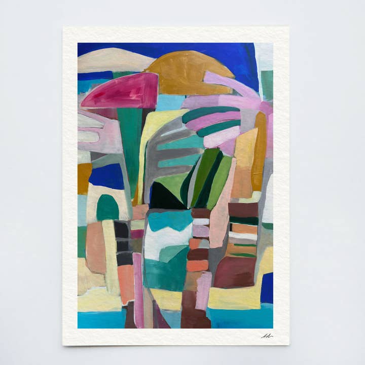 Tropical Palm Tree Abstract Print – "Mind on Holiday" for wholesale by Michele Renee Atelier