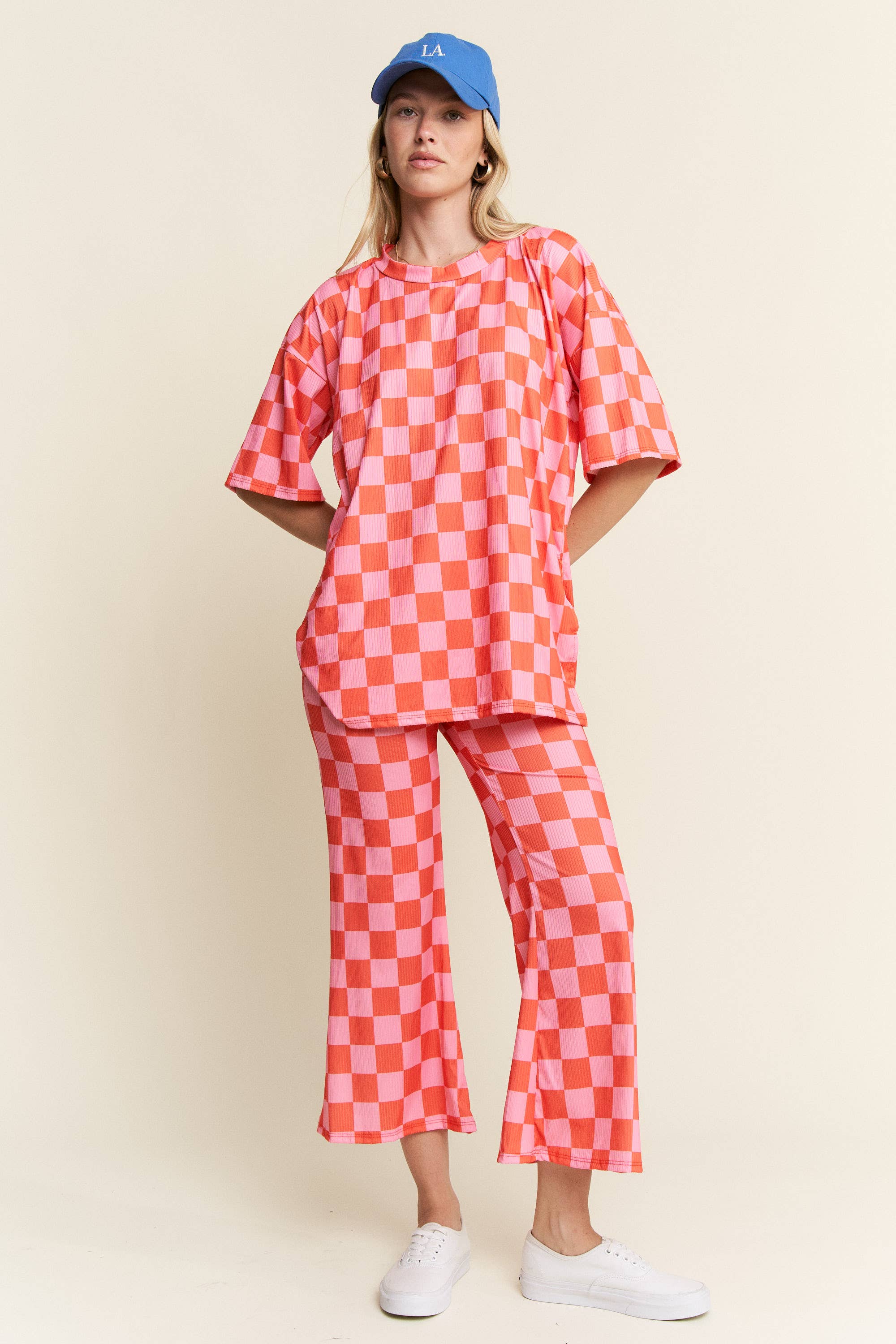 JADE BY JANE - Wholesale Lounge Set - Women's - RIBBED CHECKERED PRINT TOP/STRAIGHT LEG PANTS SET45