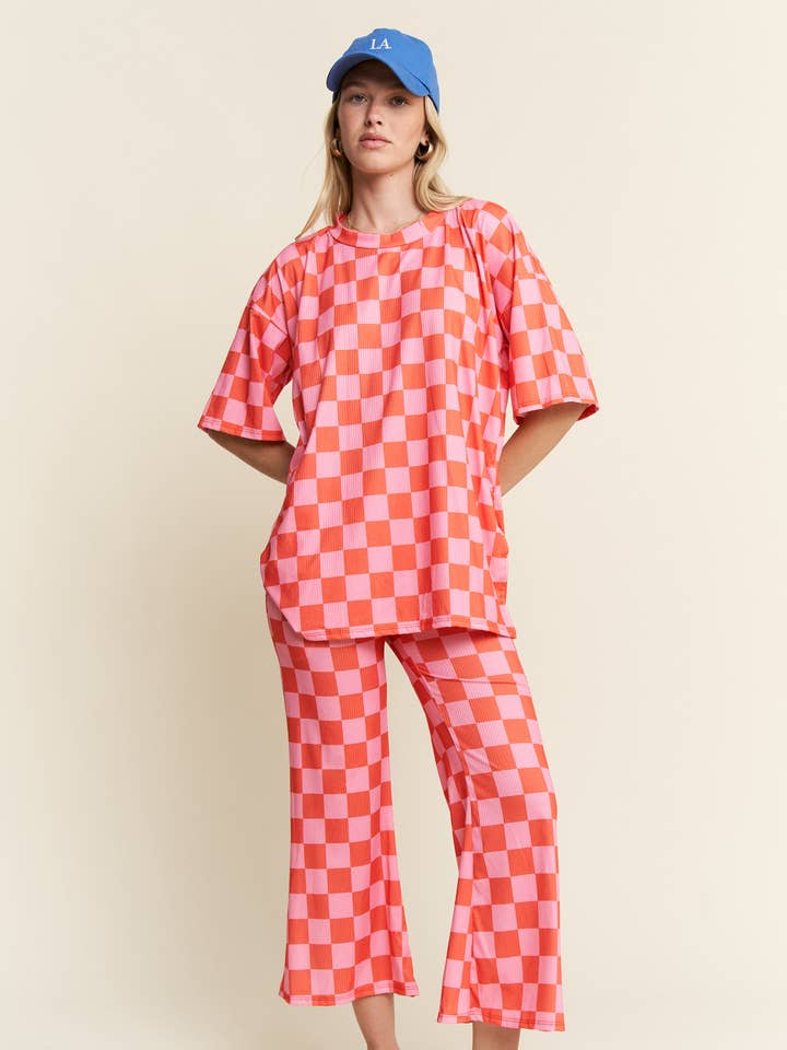 JADE BY JANE - Wholesale Lounge Set - Women's - RIBBED CHECKERED PRINT TOP/STRAIGHT LEG PANTS SET45