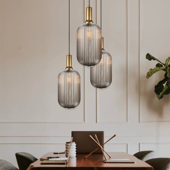 Eclipse Lighting - Wholesale Chandelier/Hanging Light - XL Amber Ribbed Glass Multi Pendant Light for Stairs, Mid-Century Modern Custom made Chandelier Light for Architects and Interior Designers1