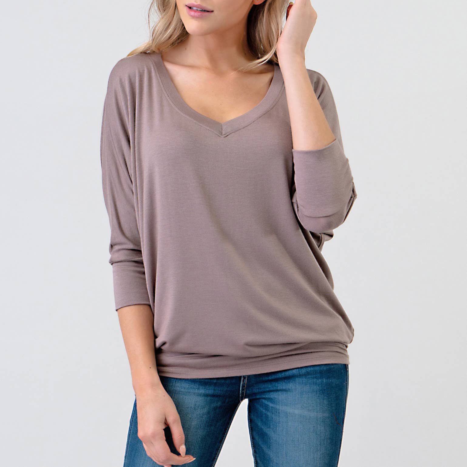 Heimious - Wholesale Knit Top - Women's - 3/4 Dolman Sleeve V-neck Modal Jersey Top, 257310