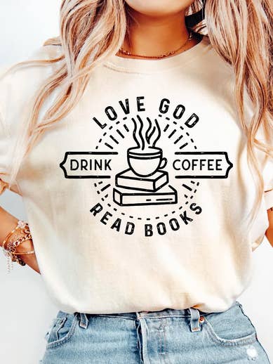 Love God Drink Coffee Read Books Shirt for wholesale by Boho Bloom Emporium