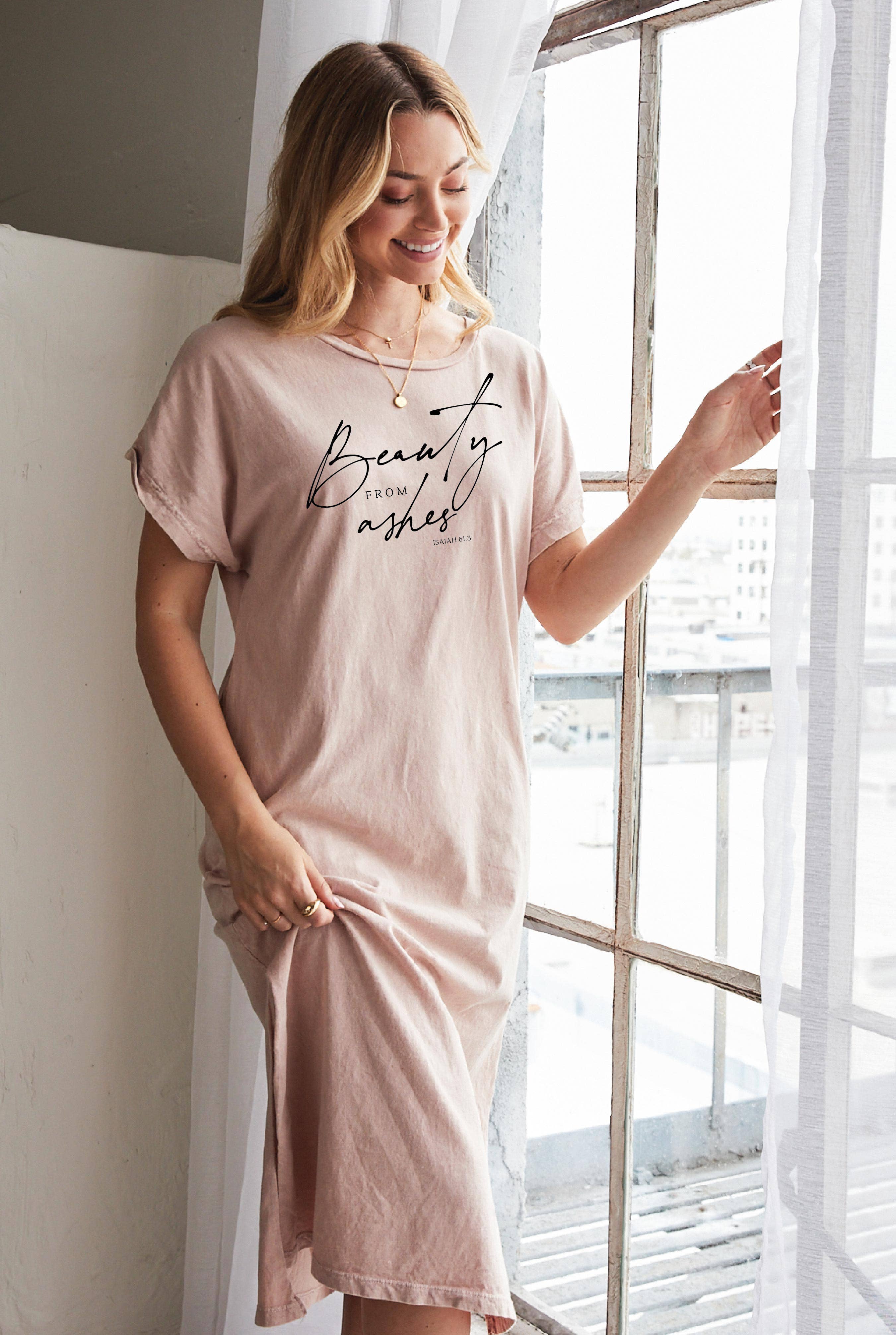 OAT COLLECTIVE - Wholesale Dress - Women's - BEAUTY FROM ASHES ISAIAH 61:3 Mineral Washed Graphic Dress0