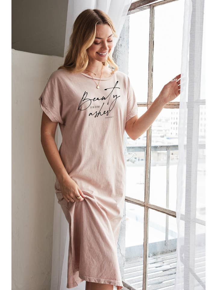 OAT COLLECTIVE - Wholesale Dress - Women's - BEAUTY FROM ASHES ISAIAH 61:3 Mineral Washed Graphic Dress