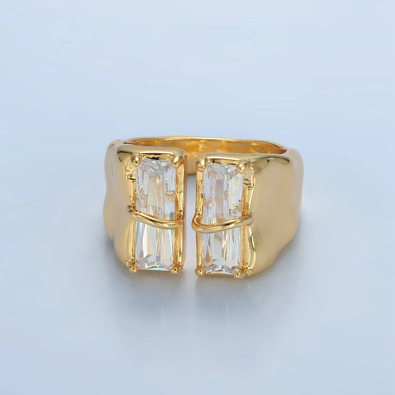 Aim Eternal - Wholesale Band/stacked ring - 24K Gold Filled Double Baguette CZ Signet Wrap Ring | U330