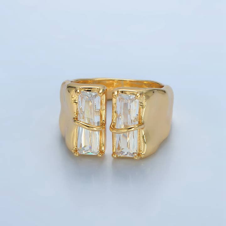 Aim Eternal - Wholesale Band/Stacked Ring - 24K Gold Filled Double Baguette CZ Signet Wrap Ring | U330
