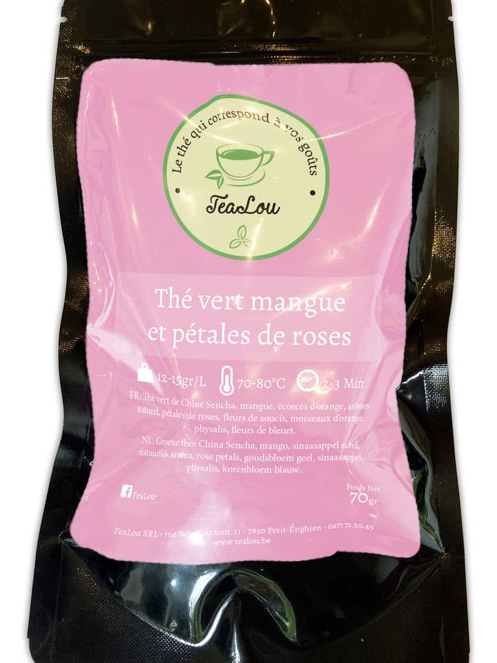 Mango green tea with rose petals - 70g bag for wholesale by Tealou
