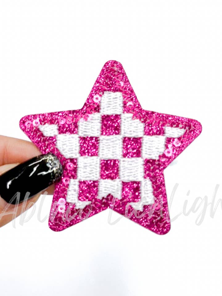 hot pink checkered star embroidery glitter sequin patch for wholesale by ABLNco