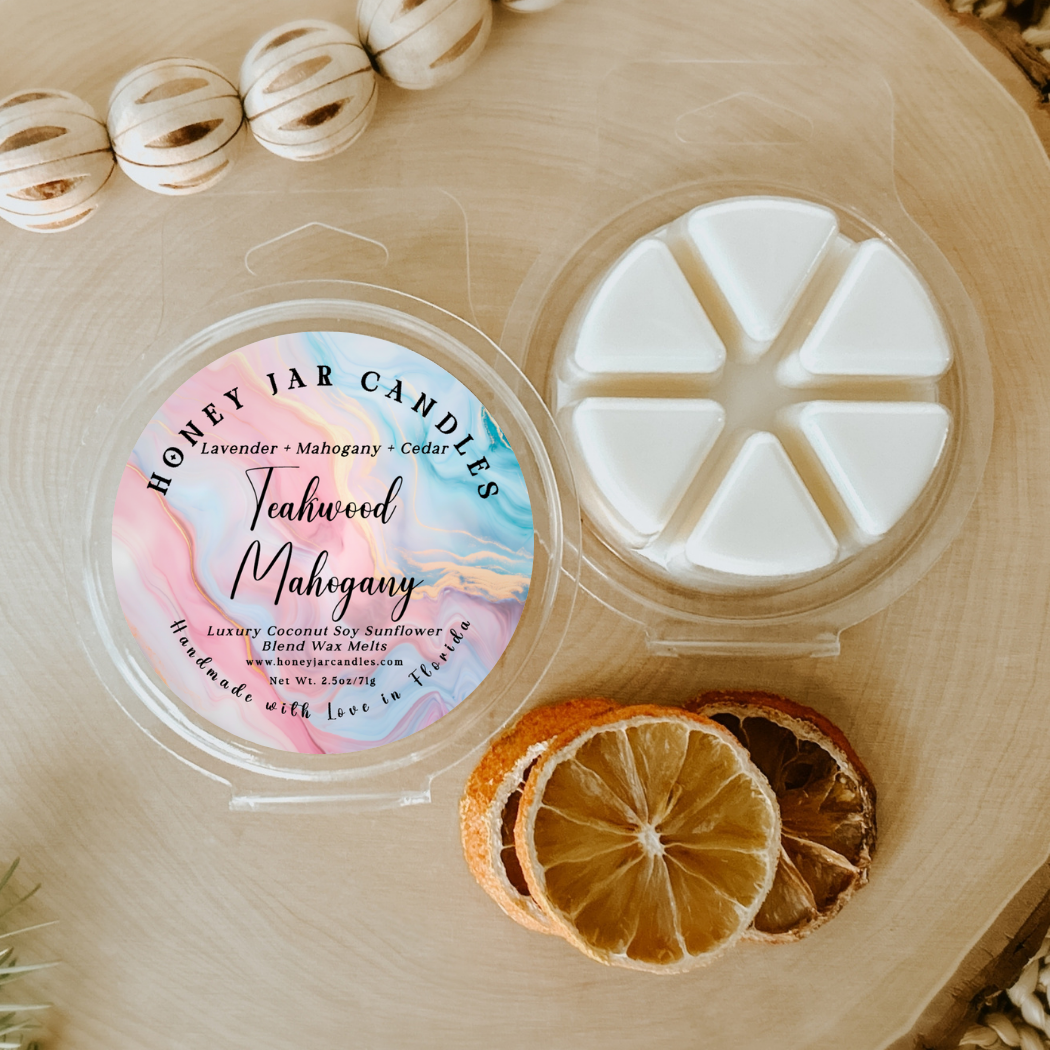 Honey Jar Creations - Wholesale Wax Melt - Teakwood Mahogany | Oakwood | Pie Clamshell Wax Melts0