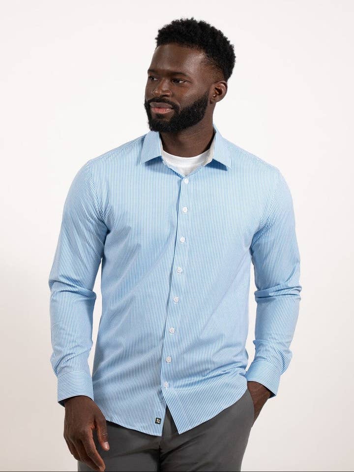 Tough Apparel - Vente Chemise à col boutonné – homme - Chemise de sport Hustle - Manches longues - Rayures banquier bleu clair