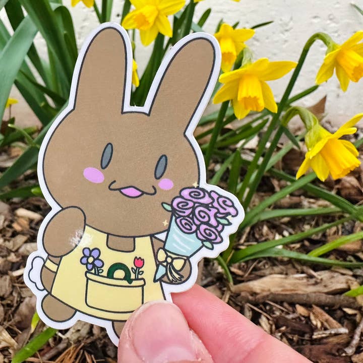 Brownie’s Flower Shop Florist Bunny Waterproof Sticker for wholesale by Courtney Elizabeth Studio