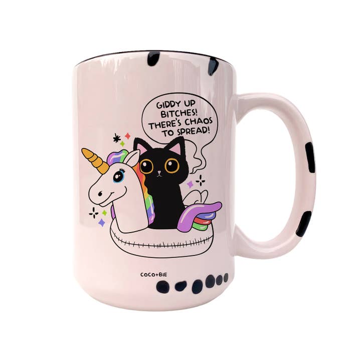 coco+bie designs - Vendita all'ingrosso Tazza - Giddy Up Bitches - Divertente tazza, gatto nero, unicorno, sarcastico