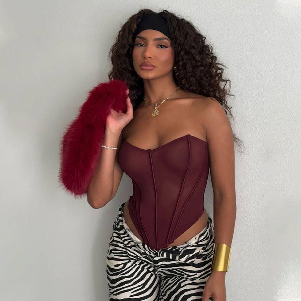 Bourgogne Kantig genomskinlig korsettopp gatustil hetta för wholesale på Faire1