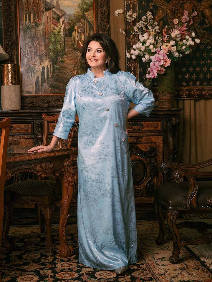 Woman's Blue Caftan Embroidered With Embellishments for wholesale by Kim Lolley Designs