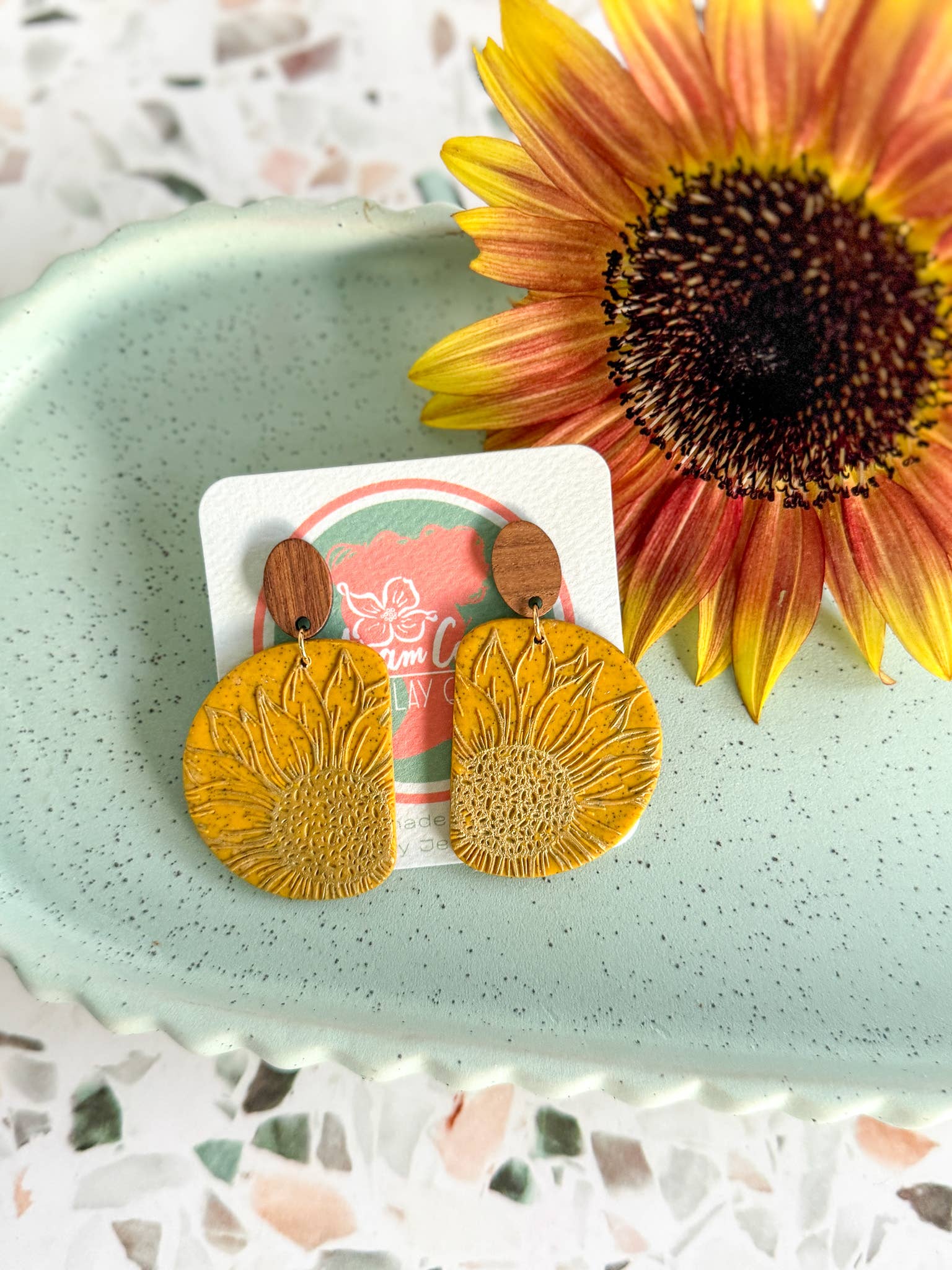 Anam Cara Clay Goods - Wholesale Dangle Earrings - Half Circle Sunflower Drops Polymer Clay EarringS4